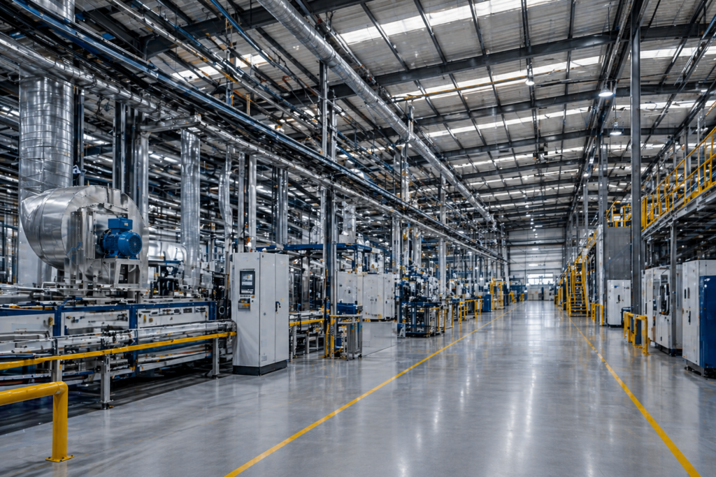 Modern production facility equipped with industrial machinery and ventilation systems to improve efficiency through retrofitting